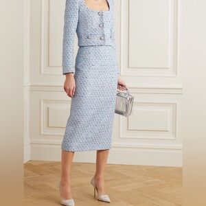 Alessandra Rich Sequin-Embellished Tweed Midi Pencil Skirt Light Powder Blue